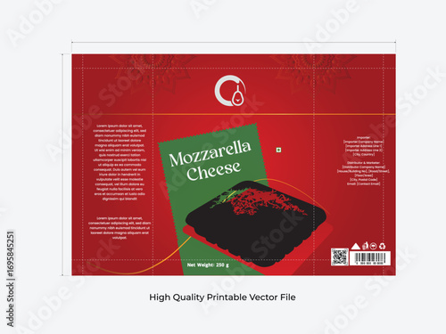 High-quality vector packaging design template for mozzarella cheese. Editable food packet mockup featuring modern layout, vibrant red and green color scheme, and realistic cheese imagery. Perfect for 