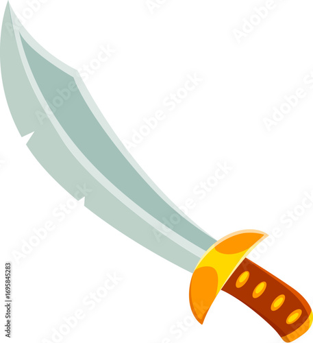 Pirate bandit cartoon fantasy sword game asset. Buccaneer bandit blade vector game icon, corsair weapon sabre videogame asset. Pirate sailor ancient sword with chipped blade, golden crossguard