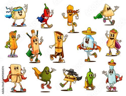 Cartoon groovy Mexican cuisine characters. Vector tex mex food personages dressed as superheroes with capes and masks. Taco, burrito, chili pepper, tamale and tequila with nachos traditional snacks