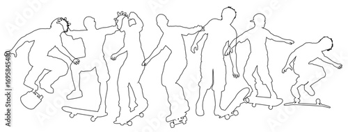 Skateboarders skateboarding on skate boards silhouette people set. Active sports people healthy players fitness silhouettes concept.