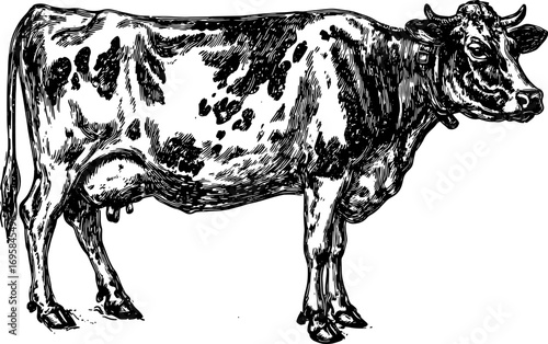 Vintage black and white outline drawing of a cow. Detailed vector illustration showcasing the animal's features in a farming context.