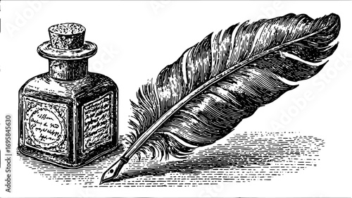 Ink bottle and feather pen in vintage outline style. Black and white vector illustration, classic stationery tools for writing.