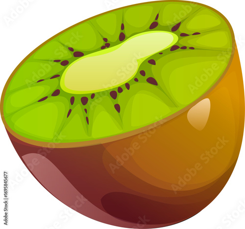 Cartoon raw ripe kiwi fruit half slice. Isolated vector halved tropical kiwi plant showing its vibrant green interior, black seeds, and brown fuzzy skin, fresh, juicy texture and cross section view