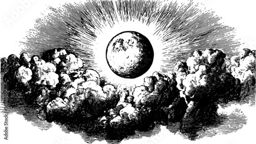 Black and white vintage illustration of the moon surrounded by clouds. Detailed engraving with rays radiating from the moon, creating a striking vector set.