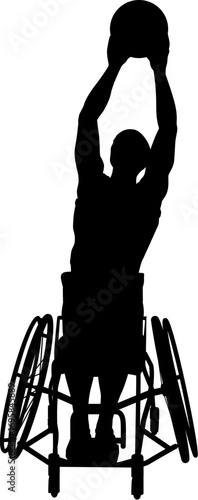Silhouette of an athlete in a sports wheelchair with arms raised, holding a basketball above their head, preparing to take a shot.