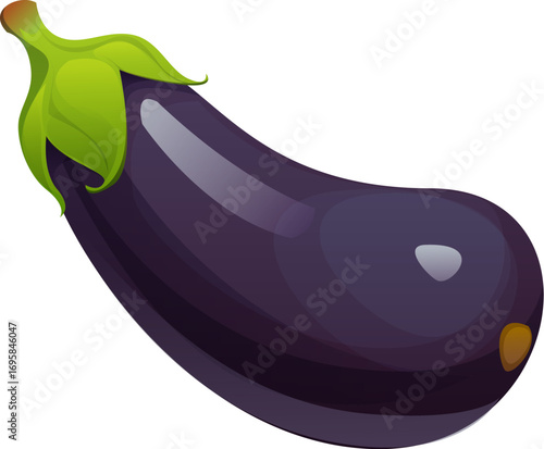 Cartoon raw ripe eggplant vegetable with glossy purple peel, green cap, smooth curved shape and shiny texture. Whole ripe and fresh isolated elongated veggie plant awaits to be cooked into tasty dish