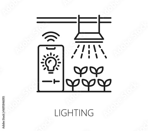 Smart farm icon, farmer agriculture robot technology of lighting for plants crop, vector line symbol. Smart farm icon of plantation lighting for agronomy and farming with digital automation control