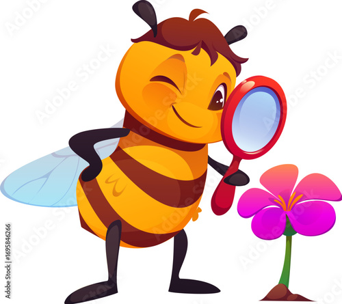 Cartoon cheerful honey bee character looking through a magnifying glass and learning pink blooming flower. Isolated vector whimsical, curious insect personage with curious expression studying blossom