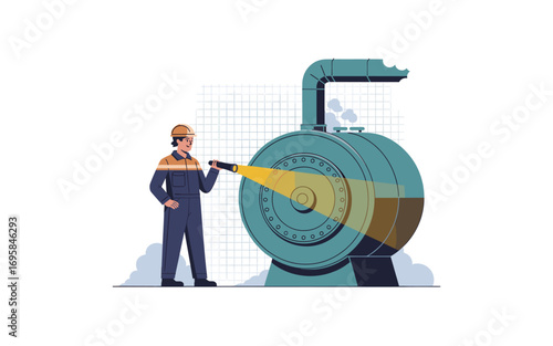 Industrial Inspection: Engineer Inspecting Boiler Water Level with Flashlight for Safety and Efficiency in a Power Plant or Manufacturing Facility, Isolated on White