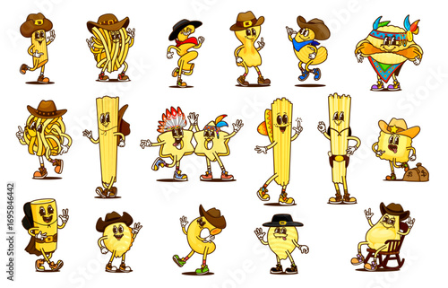 Cartoon groovy sheriff, cowboy, Indian and ranger pasta characters, vector set. Groovy Italian pasta, funny spaghetti in sombrero hat, penne in Wild West bandana and tagliatelle Western cowboy