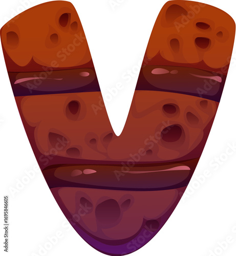 Cookie biscuit font, bakery sweet dessert type for candy or pastry confectionery, cartoon vector typeface. English alphabet sweet dessert font of bakery letter V as chocolate biscuit cookie type