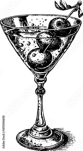 Cocktail glass with a martini. Vintage black and white outline vector illustration of a classic drink set.