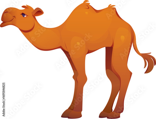 Cartoon camel with two humps, Egypt game icon, Egyptian animal in warm brown tones. Isolated vector personage for desert, adventure, or ancient Egyptian game assets and educational illustrations