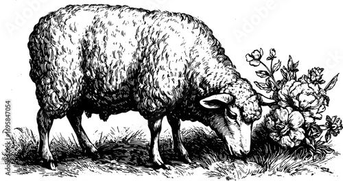 Vintage illustration of a sheep grazing among floral elements. This black and white outline engraving is presented as a detailed vector set.