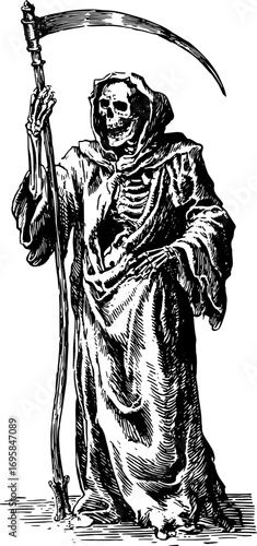 Vintage grim reaper vector illustration. Black and white outline of a skeleton in robes holding a scythe, presented as a detailed artwork set.