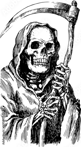 Vintage engraving of a skeleton holding a scythe. Black and white outline set illustration of a death figure in a dark cloak.