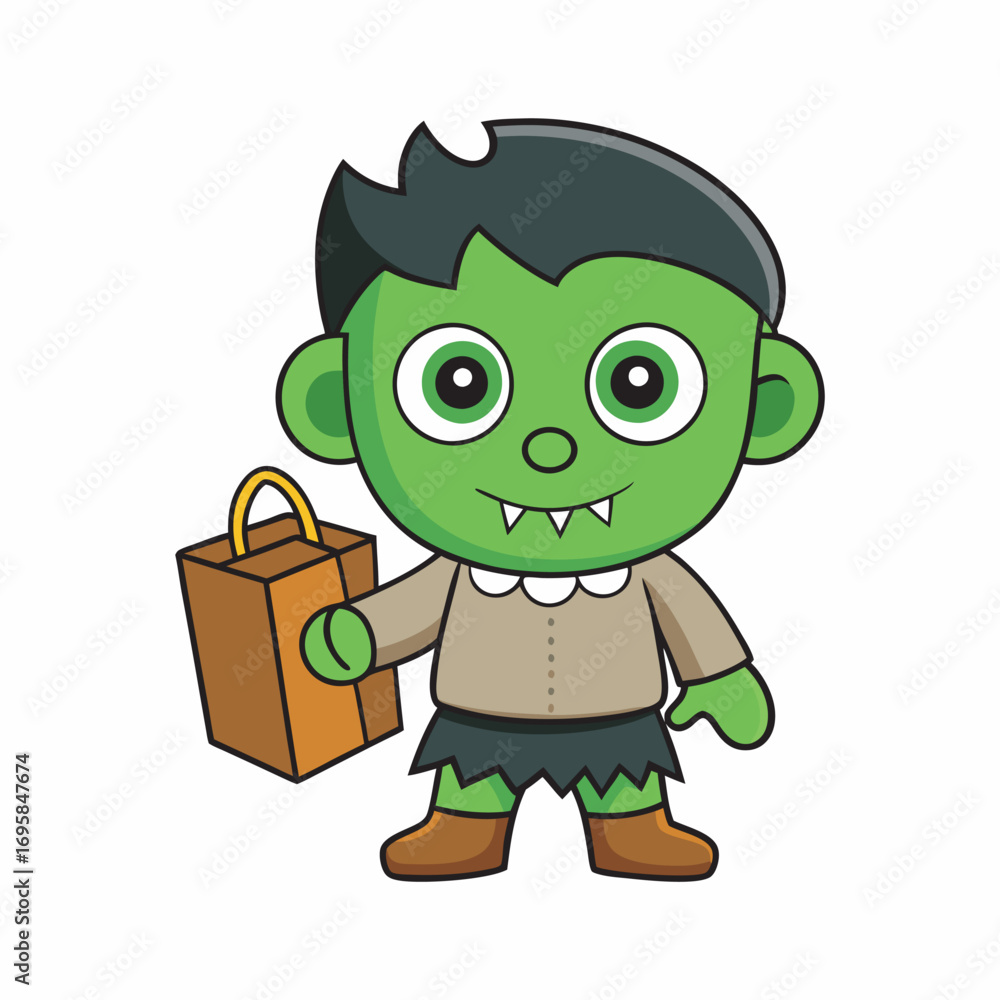 Obraz premium Adorable Green Zombie Cartoon Character with a Halloween Goodie Bag Ready for Spooky Trick or Treating Fun