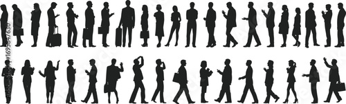 Urban commuter silhouettes, business people, mobile phone users, standing poses, vector illustration, professional crowd, black icons