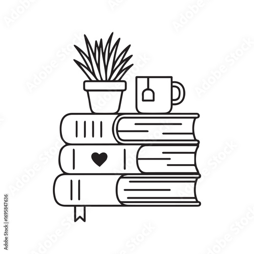 Cozy Reading Illustration: Stack of Books with Potted Plant and Tea Cup Line Art
