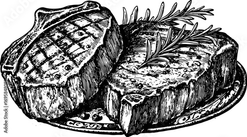 Vintage vector illustration of a beef steak on a platter with rosemary and black and white engravings, perfect for culinary decor or artwork.
