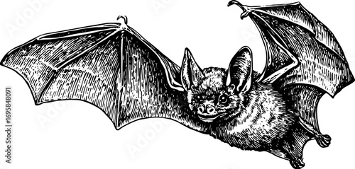 Bat illustration in black and white outline style. Vintage vector graphic showcasing detailed features and realistic anatomy set.