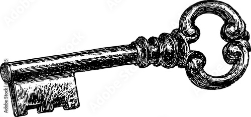 Key illustration in black and white outline style. Vintage engraving and drawing, a decorative vector illustration set.