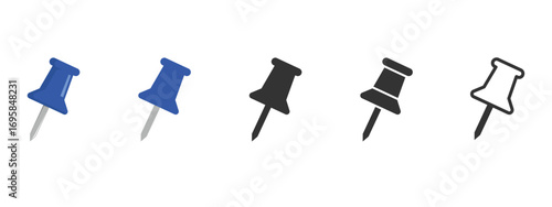 Vector push pin set in dark blue, black, and outline styles. Thumbtack icons great for corkboards, notes, reminders, office stationery, maps, planners, and digital design projects