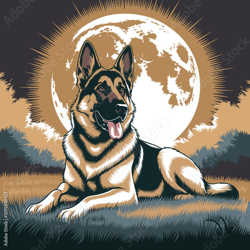 German Shepherd Dog Vector Illustration Lying Down on Grass with Full Moon Night Background