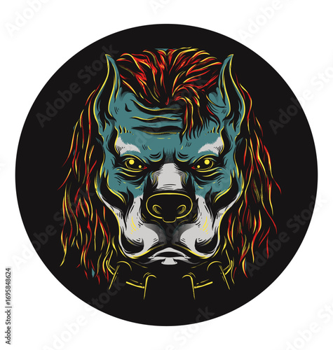 Enigmatic Canine Portrait: A captivating illustrated dog head portrait, exuding mystique and boldness within a circular frame.