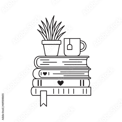 Cozy Reading Illustration: Stack of Books with Potted Plant and Tea Cup Line Art

