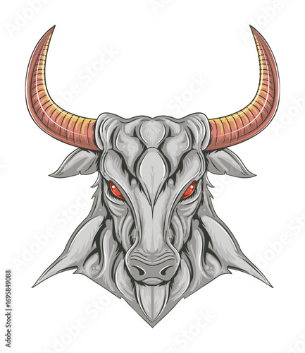 Furious Bull Head Vector: A formidable illustration of a powerful bull head with striking features, showcasing strength and aggression, rendered in a unique graphic style.