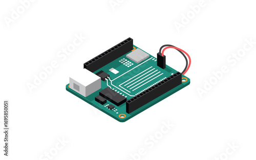Isometric Arduino Board Illustration: A Versatile Microcontroller Platform for Electronics Projects, IoT, and Embedded Systems Prototyping with Wires and Components.