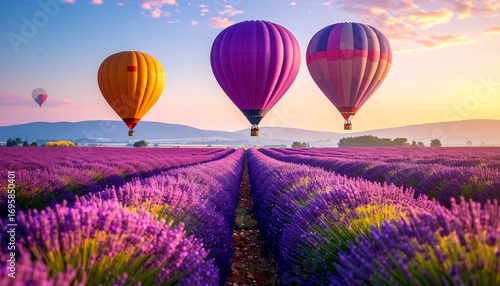 Hot Air Balloons over Lavender Fields at Sunrise