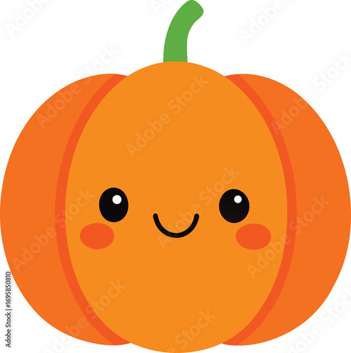 Cute smiling orange pumpkin happy Halloween autumn harvest vegetable on a white background