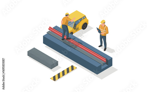 Isometric illustration of construction workers inspecting and managing steel rebars, featuring a yellow vehicle and safety equipment in a construction site setting