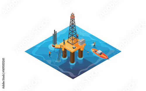Isometric Oil Rig Platform Illustration with Workers and Support Boat, Ideal for Energy Industry, Offshore Drilling, and Engineering Visualizations of Resource Extraction