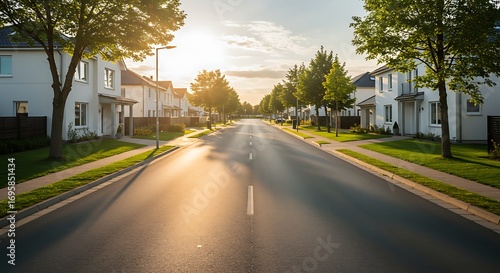 Wallpaper Mural Sunlit Residential Street with Symmetrical Houses and Lush Trees Torontodigital.ca