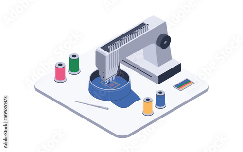 Isometric Embroidery Machine Embroidering a Cap with Thread Spools, Needle, and Display on a Table, Showcasing Manufacturing and Craftsmanship