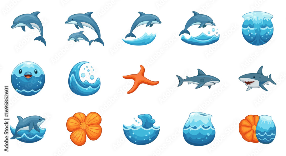 Fototapeta premium Collection of cartoon ocean animals including dolphins sharks and starfish