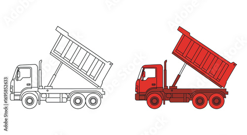 a red dump truck beside its black and white outline