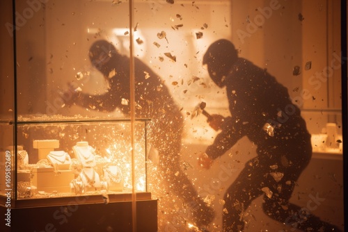 Robbers criminals smashing jewelry store glasses