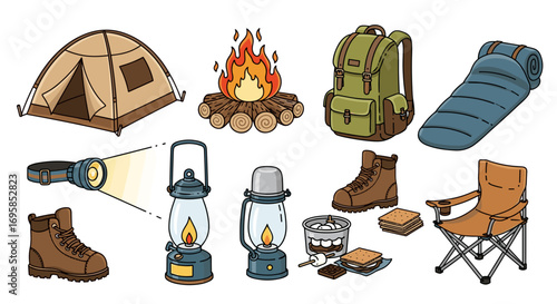 Illustration of camping gear including tent, fire, backpack, and more
