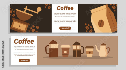 Coffee banner with grinder pot cups and product bag