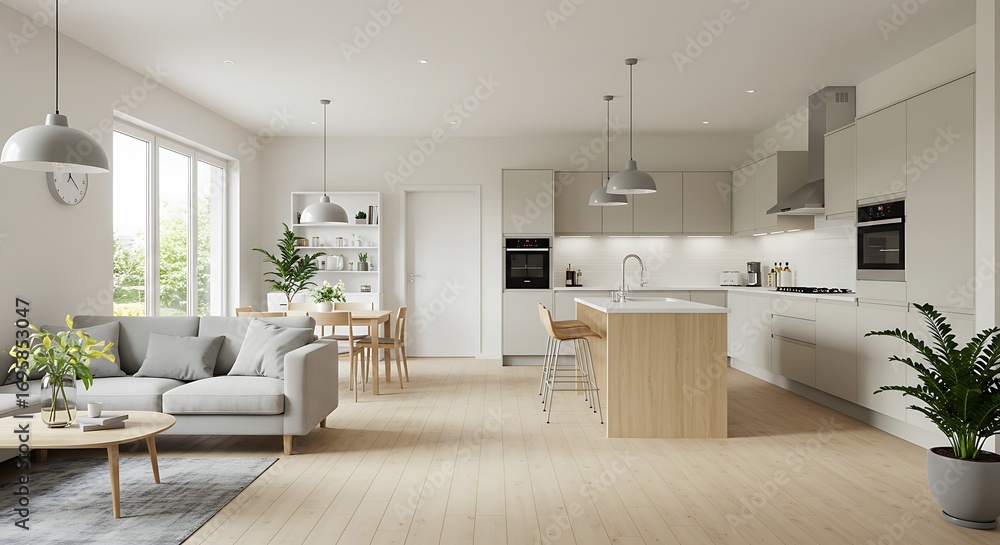 Fototapeta premium Modern Open-Plan Living and Kitchen Space with Natural Light