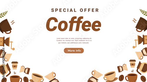 Coffee special offer banner design with mugs beans decoration