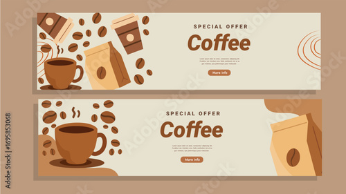 Coffee banner promotional design with cup bag beans flat style