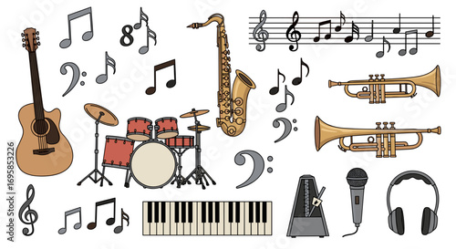 Illustration showing various musical instruments and musical notations