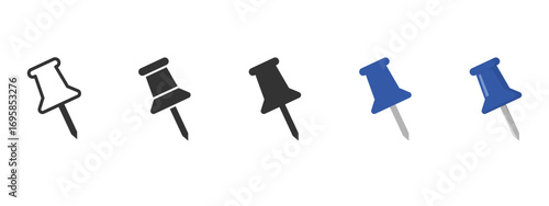Set of vector push pins in dark blue, black, and outline styles. Thumbtack icons ideal for office stationery, corkboards, notes, reminders, maps, planners, and digital design projects