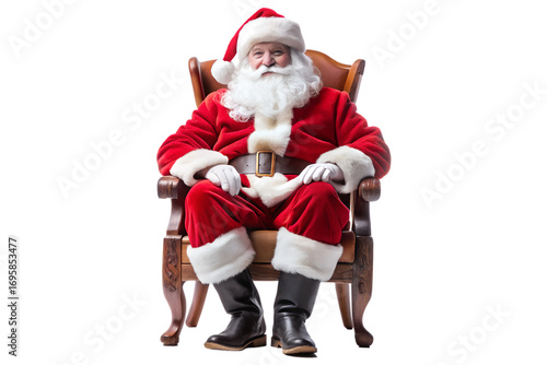 Santa Claus Sitting in Wooden Chair Relaxing and Smiling on Transparent Background