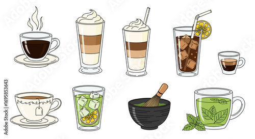 Illustration showing an assortment of various beverages and drinkware items
